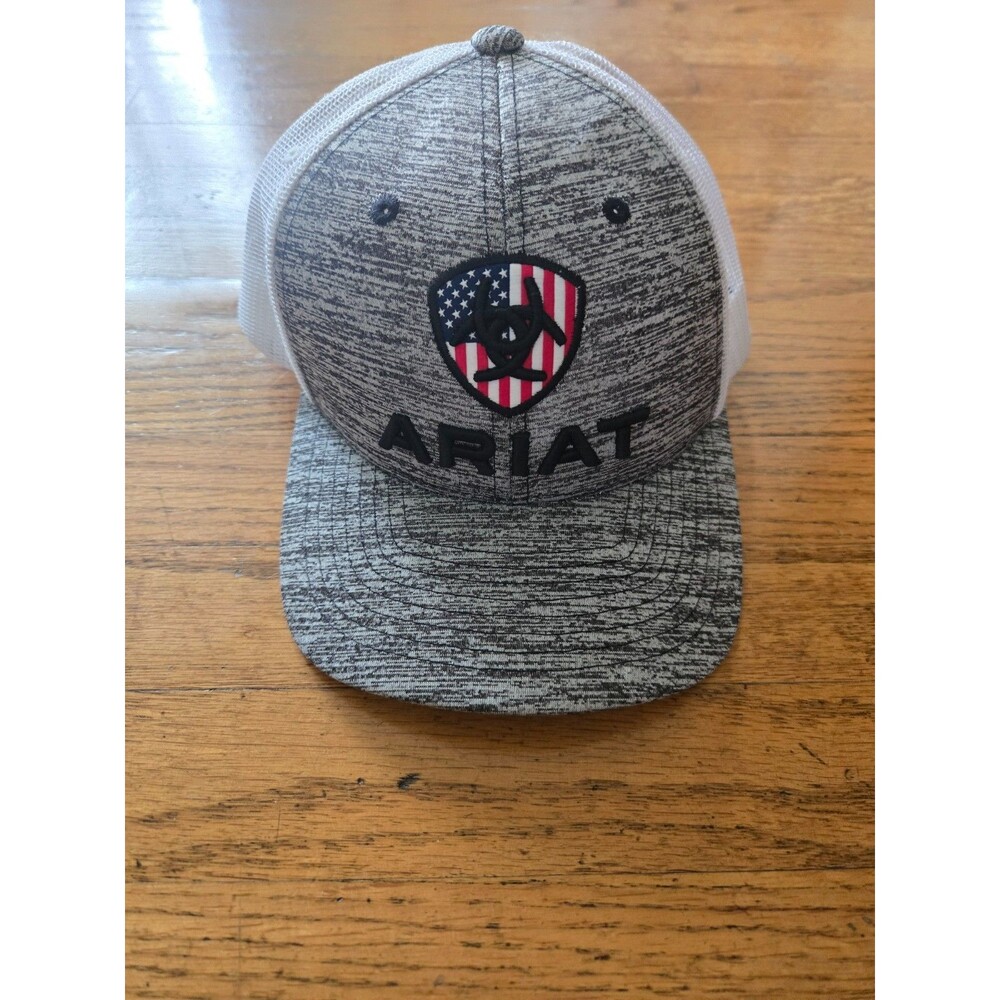 Ariat Snapback Trucker Mesh Cap Hat Embroidered Flag Logos Heather Grey/White